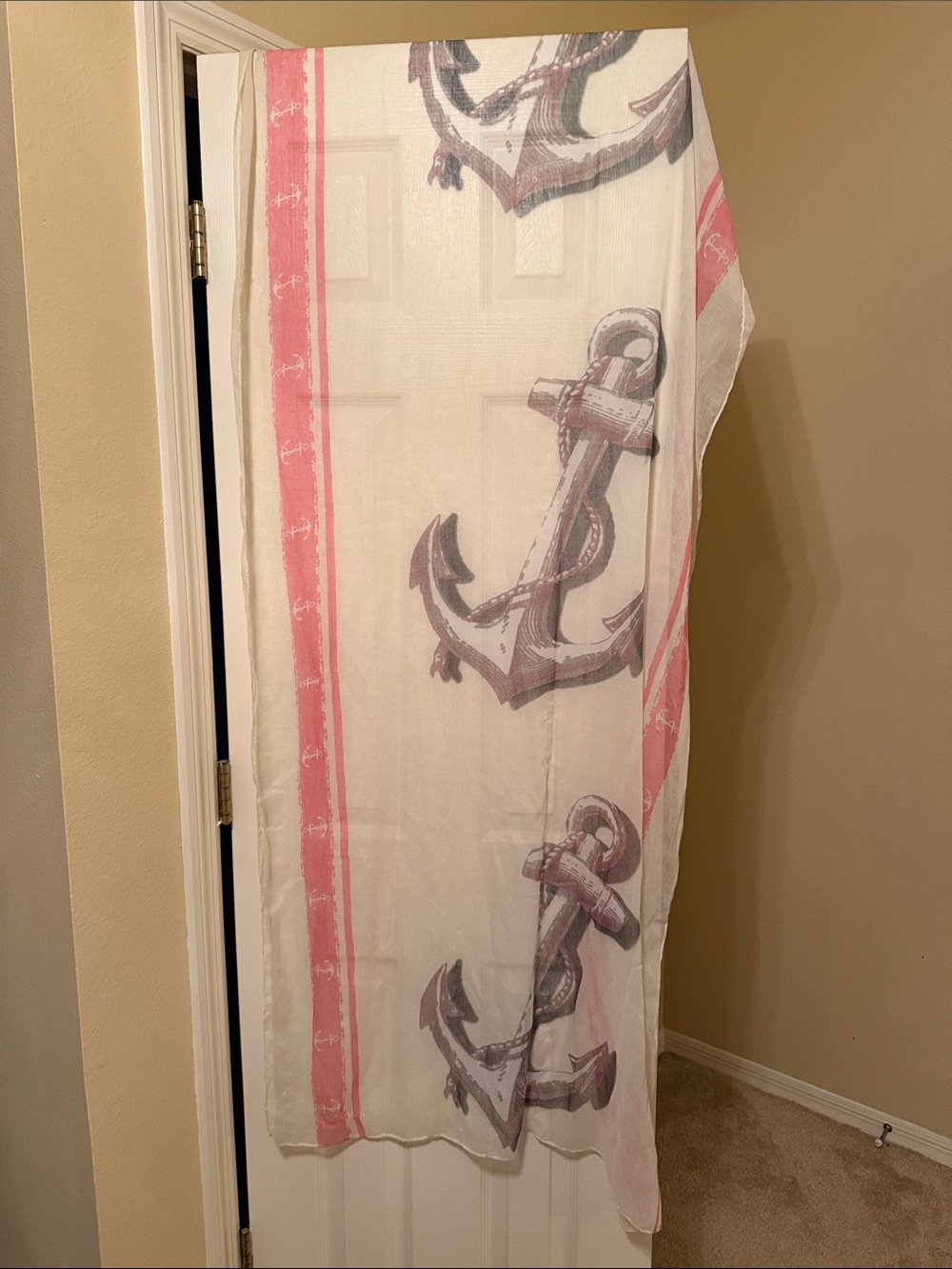 Simonetta White Scarf with Pink Stripes and Gray Anchor Print